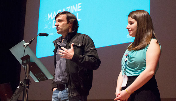 O Prof. Doutor André Sendin, Vice-Presidente da ESCS, e Joana Ochôa, Diretora-Geral da ESCS Magazine, na abertura do evento.